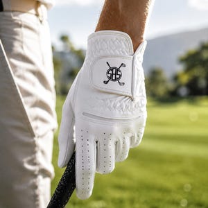 May include: A white golf glove featuring a textured wrist strap with a black circular logo containing the letters SBS and two crossed golf clubs. The glove has perforated fingers and a smooth palm section, designed for a secure grip on a golf club.