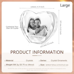 May include: A large, clear crystal heart ornament with a photo of a couple inside. The heart is 4.72 inches wide, 4.21 inches tall, and 2.5 inches deep. The ornament is made of crystals and weighs 20.75 ounces. The text "Custom text" is visible inside the heart.