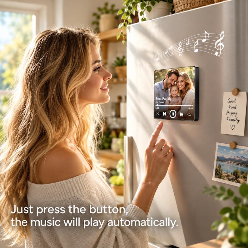 May include: A square digital display mounted on a refrigerator showing a family photo and music playback controls. Above the screen are white musical note graphics. Next to it are two paper notes with text and a landscape photograph.
