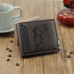 Personalisierte Herren Fotobrieftasche - Individuell gravierte PU-Leder Brieftasche für Ihn, Jubiläumsgeschenk, Geburtstagsgeschenke für Vater und Freund