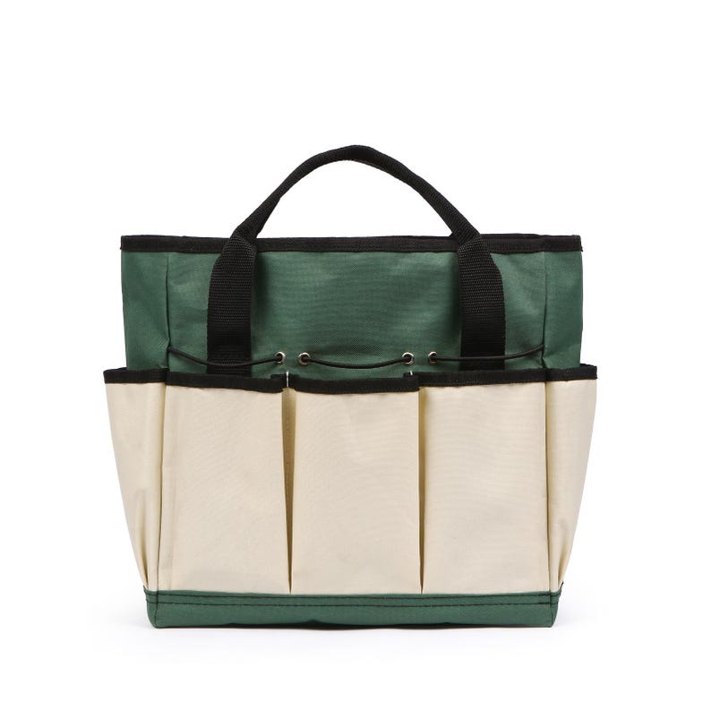 May include: A green and beige garden tool tote bag with multiple exterior pockets. The bag has a black handle and trim, and is designed to hold gardening tools. The bag is made of durable fabric and is designed for outdoor use.