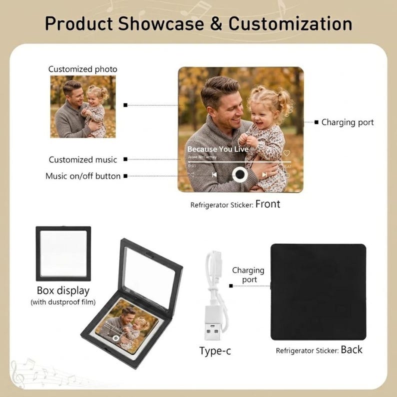 May include: A square refrigerator sticker featuring a customized photo of an adult and child, with text reading Because You Live. Includes a music on/off button, charging port, Type-C cable, and a black display box with dustproof film.