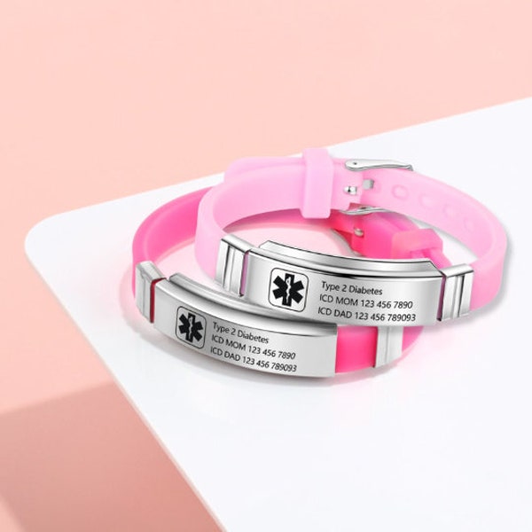 Custom Medical Alert Id Bracelet for Women-  Engraved Silicone Medic ID Bracelet- Emergency Contact SOS Medic ID