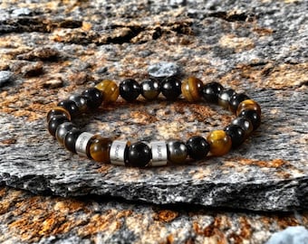 Personalized Tiger's Eye Stone Bead Bracelet,Custom 1-5 Name Engraved Bangle Bracelet for Him,Valentine's Day Gift