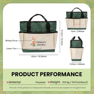 May include: A green and beige garden tote bag with a floral design and the text "Selena's Garden." The bag has multiple pockets and measures 16.54 inches wide, 12.4 inches tall, and 4.92 inches deep. It is made of polyester and weighs about 10.67 ounces.