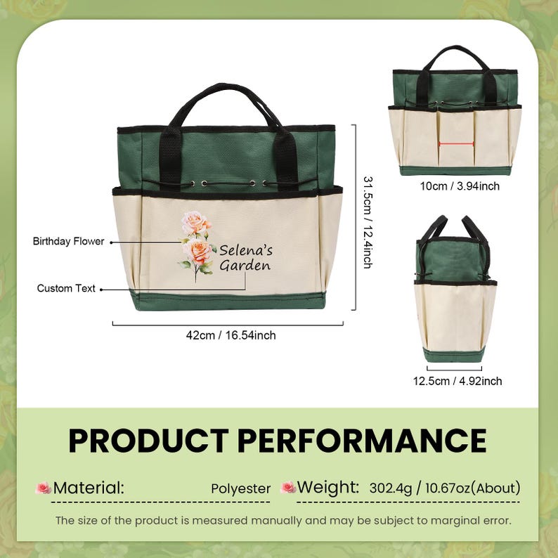 May include: A green and beige garden tote bag with a floral design and the text "Selena's Garden." The bag has multiple pockets and measures 16.54 inches wide, 12.4 inches tall, and 4.92 inches deep. It is made of polyester and weighs about 10.67 ounces.