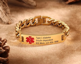 Personalized Medical Alert Bracelet,ID Wristbands Stainless Steel Emergency Bracelet,Front & Back engraved,Bracelet Medical Jewelry