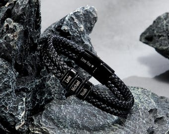 Herren Armband mit Namen, Lederarmband Männer, Kindernamen Armband für Papa, Familienarmband, Herrenschmuck, Geschenk für Ihn, Geschenk des Vaters Papa