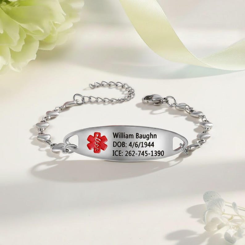 Custom Health Medical Id Bracelet for Women,Steel Medical Jewelry, Engraved Emergency ID,Gift for Patients, Diabetes Awareness Wristlet image 7