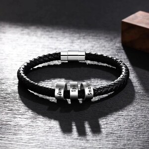 Pulsera de cuero personalizada para hombre, pulsera de cuentas con nombre personalizada de 1 a 5, pulsera con letra, regalo del Día del Padre
