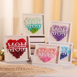 Flower Shadow Box Gift,Rose Heart Shadow Box,Housewarming Gifts with Personalized Kids Names,Gift for Mom Grandma