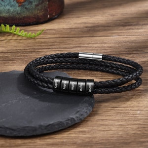 Pulsera de cuero personalizada para hombre, pulsera trenzada con 2-5 nombres, pulsera con cuentas para papá, joyería para hombre, regalo del Día del Padre