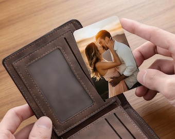 Gepersonaliseerde fotoportemonnee-insteekkaart, aangepaste foto metalen portemonneekaart, portemonneekaart met gegraveerde afbeelding, jubileumcadeau voor hem, sympathie