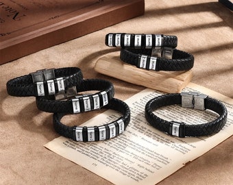Personalisiertes Herren-Lederarmband mit 1–6 Perlen für Papa – individuell graviertes Perlen-Familiennamen-Armband für Männer – Vatertagsgeschenk von Tochter/Sohn