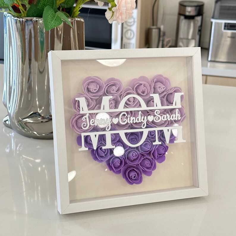Customized Flower Shadow Box Mother's Day Gift for Grandma, Mom, Nana, Mimi with Personalized Kids Names Purple