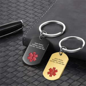 Personalized Medical Alert Keychain for Men and Women,4 Colors,Medical ID Tag,Custom Emergency Alert ID,Engraved ICE Keyring,Patient Gifts