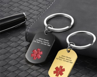 Personalized Medical Alert Keychain for Men and Women,4 Colors,Medical ID Tag,Custom Emergency Alert ID,Engraved ICE Keyring,Patient Gifts