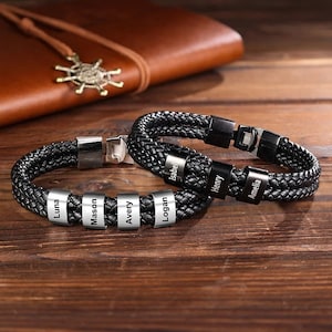 Personalized Braided Leather Bracelet Engraved 1-8 Names Men's Bracelet for Him,Gifts for Dad