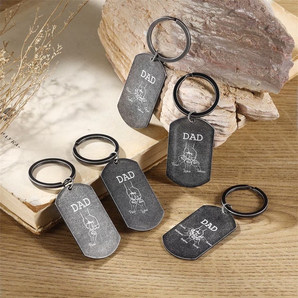 Personalized Fist Bump Keychain for Dad, Kids Names Keychain, Custom Engraved Baby 1-5 Names Charm Keyring Fathers Day Gift