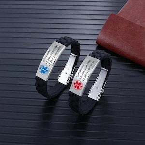 Custom Silicone Medical ID Bracelet For Men-Adjustable Alert ID Bracelets-Emergency Contact ID & Symptom Information
