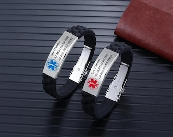 Custom Silicone Medical ID Bracelet For Men-Adjustable Alert ID Bracelets-Emergency Contact ID & Symptom Information