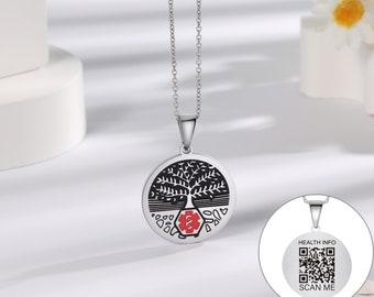 Upgrade QR Code Medical Alert Info Necklace- Protecting Privacy- Update Info Anytime- QR App Free Forever