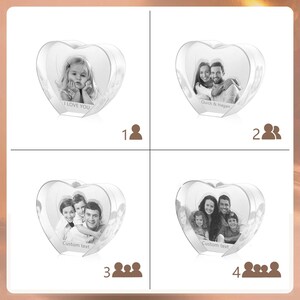 May include: Four crystal heart-shaped photo frames with different images and text. The frames are displayed on a white background. The first frame has a single person in it and the text "I Love You". The second frame has two people in it and the text "Chuck & Hagan". The third frame has three people in it and the text "Custom text". The fourth frame has three people in it and the text "Custom text".