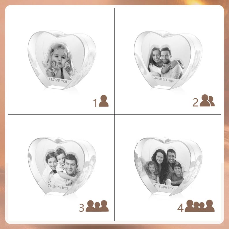 May include: Four crystal heart-shaped photo frames with different images and text. The frames are displayed on a white background. The first frame has a single person in it and the text "I Love You". The second frame has two people in it and the text "Chuck & Hagan". The third frame has three people in it and the text "Custom text". The fourth frame has three people in it and the text "Custom text".