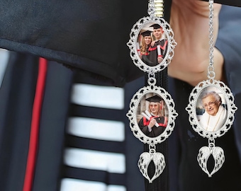 Colgante conmemorativo de graduación personalizado con borla, colgante personalizado para 1-3 fotos con alas de ángel, colgante para birrete de graduación, regalo de graduación para ella.