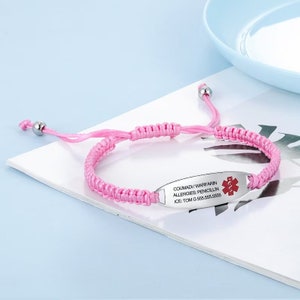 Bracelets personnalisés en corde tressée avec identification d'alerte médicale avec gravure personnalisée en acier inoxydable pour femmes et enfants