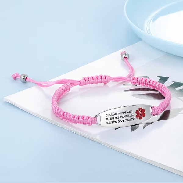 Bracelets personnalisés en corde tressée, identification d'alerte médicale, avec gravure personnalisée, étiquette nominative en acier inoxydable, pour femmes et enfants