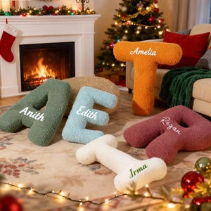 Puede incluir: Una colección de almohadas de felpa con forma de letras en varios colores, incluyendo verde, azul, naranja, burdeos y blanco. Cada almohada tiene un nombre bordado. Las almohadas están dispuestas sobre una alfombra estampada cerca de una chimenea y un árbol de Navidad.