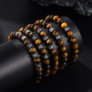 Pulsera elástica personalizada con cuentas de ojo de tigre para hombre, pulsera con dijes vintage personalizados, pulseras con nombres grabados del 1 al 5, pulseras para hombre
