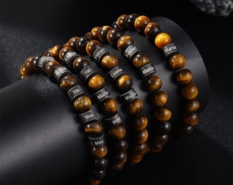 Personalized Men's Tiger Eye Beaded Stretch Bracelet,Custom Vintage Bead Charm Bracelet,Engraved 1-5 Name Bead Bracelets,Bracelets for Men