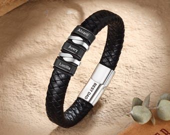 Bracelet en cuir pour homme personnalisé, Bracelet de famille pour homme, Bracelet avec noms d'enfant, Bracelet pour papa, Bracelet en cuir pour homme, Cadeau pour lui, Cadeau pour la fête des pères