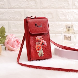 Carteira de couro feminina personalizada, flor de aniversário e nome, carteira de celular com zíper, bolsa crossbody, carteira artesanal, presente para ela