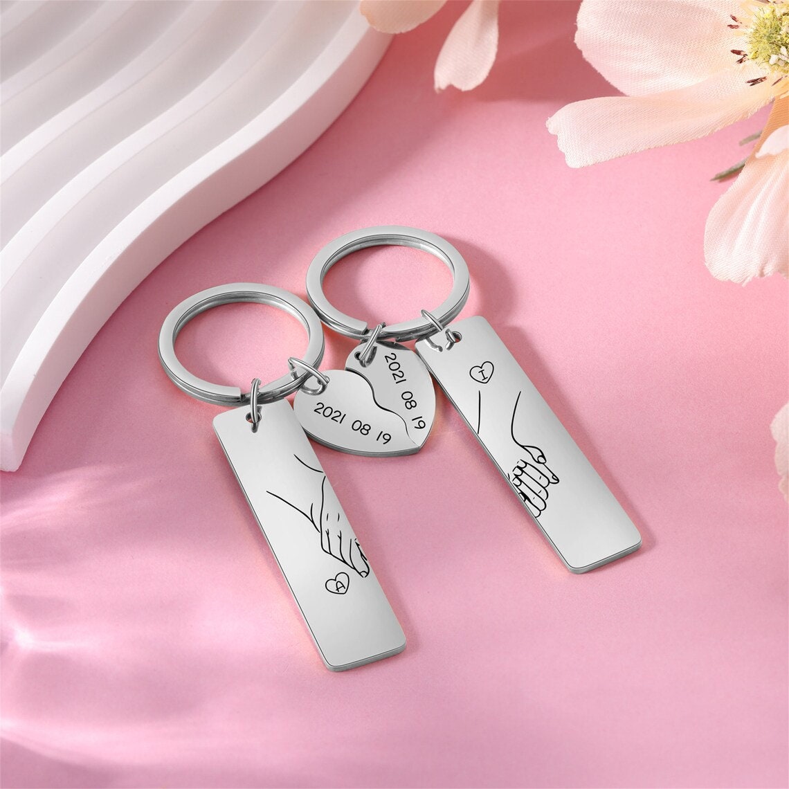 Personalized Couple Keychain Set,heart Matching Keyrings for Him