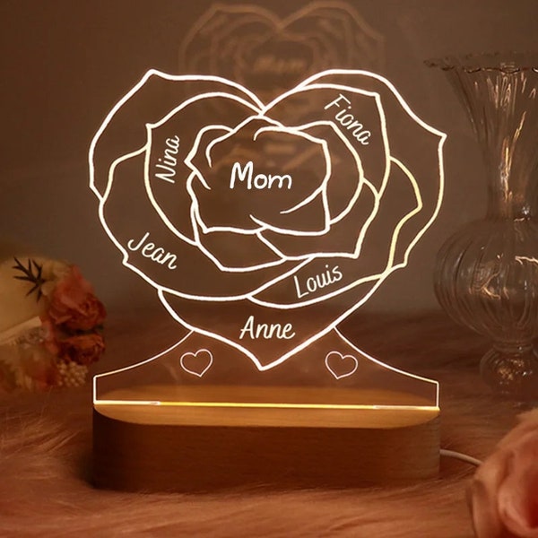 Gepersonaliseerd familiebloem acryl nachtlampje, aangepaste naam en tekstlamp cadeau voor moeder Moederdag cadeau 2024