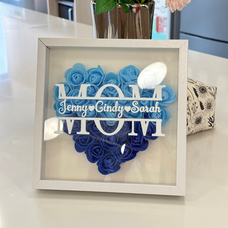 Customized Flower Shadow Box Mother's Day Gift for Grandma, Mom, Nana, Mimi with Personalized Kids Names Blue