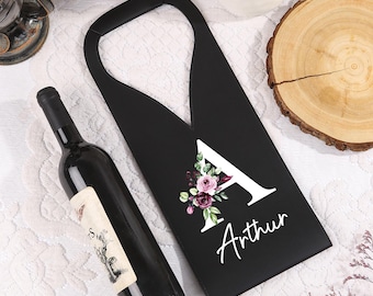Custom Leather Wine Bag,Wine Bottle Bag with Initials/Birthflower,Name Wine Tote,Wine carrier,Wine Holder,Housewarming Gift,Wine lover gift