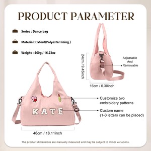 May include: A pink dance bag with the name "KATE" embroidered on the front. The bag has a shoulder strap and a top handle. Dimensions are 46cm long, 24cm high, and 16cm wide. Features include customizable embroidery and a removable strap.