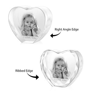 May include: Two crystal heart-shaped photo frames with a photo of a young girl inside. The frame on the left has a smooth edge, while the frame on the right has a ribbed edge. Both frames have the text "I Love You" inscribed on the bottom.