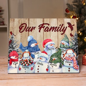 Personalised Snowman Family Wooden Plaque,Custom 2-8 Names Home Decorations for Family,Merry Christmas Holiday Decor,Wooden Christmas Plaque