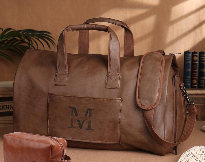 Personalized Mens Leather Duffle Bag,Custom Name travel bag for Him,Weekender Bag,Anniversary Gift,Groomsmen Gift,Brother Gift,Gift for Him