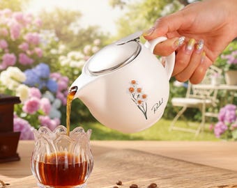 personalized Birth Flower Teapot, Custom Name Floral Tea Pot, Ceramic Coffee Pot,Tea Lover Gift,Mother's Day Gift,Retirement Gift