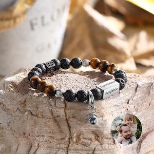 Personalized Photo Projection Bracelet,Custom Lava Stone with Names and Photo,Men's Bracelet,Gift for Dad Husband Boyfriend