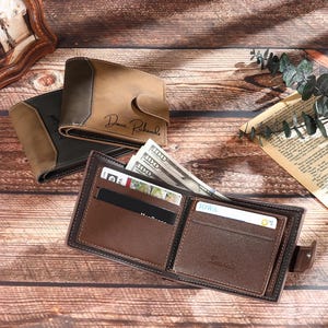 Cartera de cuero personalizada para hombre, cartera con nombre personalizado grabado, cartera con foto, regalos para papá, regalos para esposo, regalo de aniversario, regalos para el día del padre