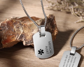 Collar de alerta médica personalizado, collar con etiqueta de identificación médica, colgante con información de alergias y contacto de emergencia para pacientes con diabetes y epilepsia.