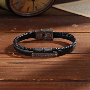 Personalized Engraved Names Vintage Charm Leather Bead Bracelet ,Father's Day Gift for Him,Gift for Husband Boyfriend