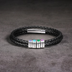 Pulsera de cuero personalizada de 3 capas con 1-5 cuentas nombres grabados pulsera de piedra de nacimiento personalizada, pulsera de cuentas de cuero, regalos del día del padre